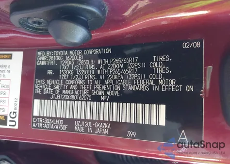 2008 Lexus Gx 470 470 from USA, damaged, VIN JTJBT20X480162070